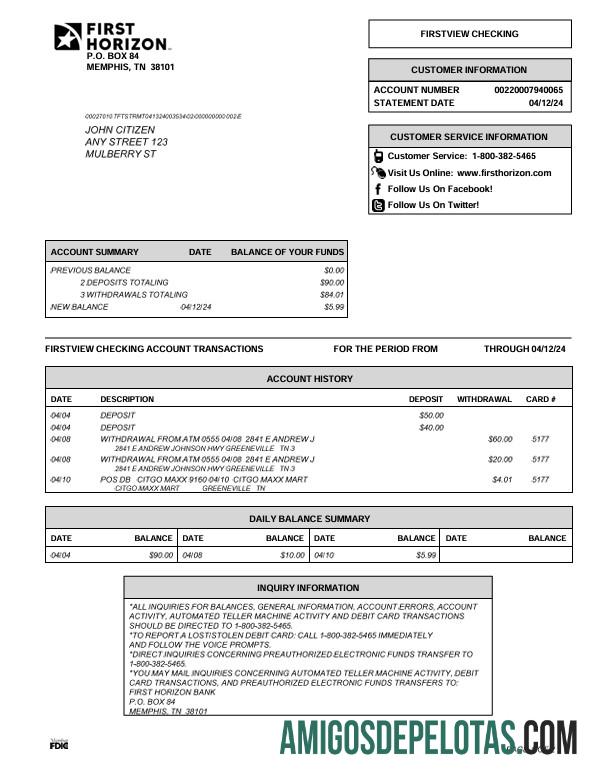 Modelo de extrato bancário First Horizon dos EUA, Tennessee